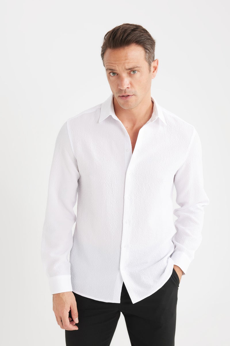 DeFacto White Man Modern Fit Polo Collar Woven Long Sleeve Shirt Casual - Image 3